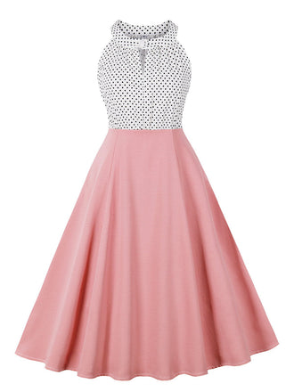 1950s Polka Dot Patchwork Halter Round-Neck Dress - vintage dress, retro fashion, rockabilly