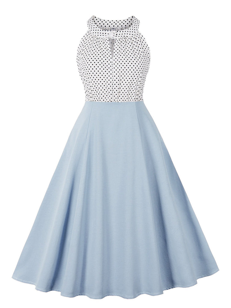 1950s Polka Dot Patchwork Halter Round-Neck Dress - vintage dress, retro fashion, rockabilly