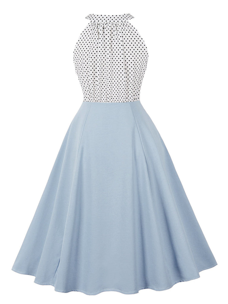 1950s Polka Dot Patchwork Halter Round-Neck Dress - vintage dress, retro fashion, rockabilly