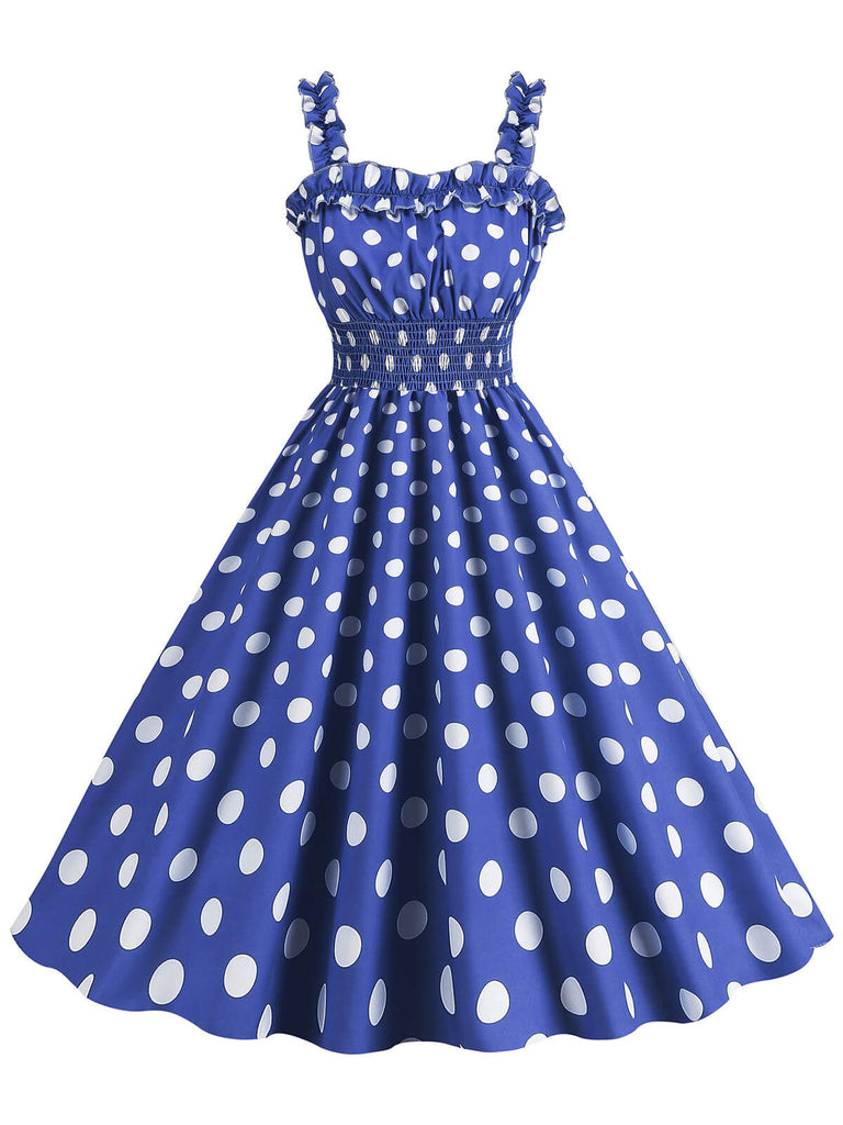 She slips into this 1950s Polka Dot Smocking Strap Dress and suddenly it's a 1950s daydream