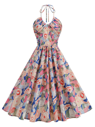 [Pre-Sale] Yellow 1950s Cotton Halter Floral Print Dress, vintage dress, retro fashion, rockabilly, pin-up fashion - perfect for women who love vintage and retro fashion