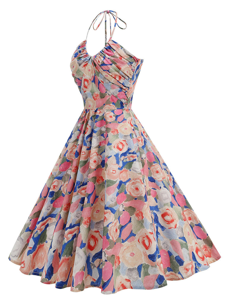 Yellow 1950s Cotton Halter Floral Print Dress, vintage dress, retro fashion, rockabilly, pin-up fashion - perfect for women who love vintage and retro fashion
