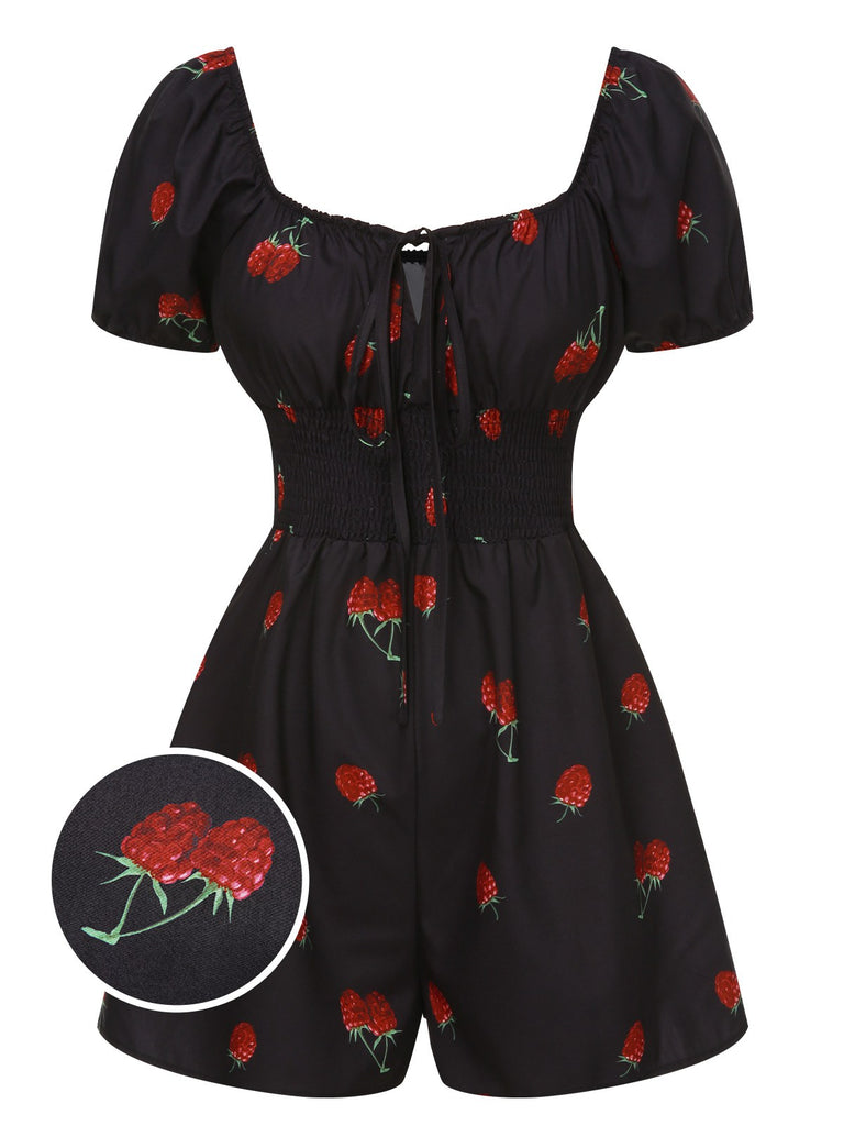 Black 1950s Raspberry Puff Sleeves Romper - vintage romper, retro jumpsuit, playful style for vintage lovers