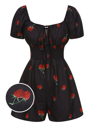 Black 1950s Raspberry Puff Sleeves Romper - vintage romper, retro jumpsuit, playful style for vintage lovers