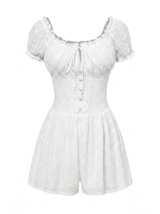 [Pre-Sale] White 1950s Cotton Embroidered Puff Sleeves Romper