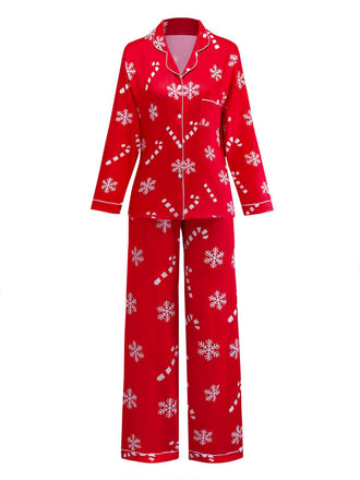 Red 1950s Christmas Snowflake Candy Cane Pajama Set - vintage fashion, retro style, elegant red