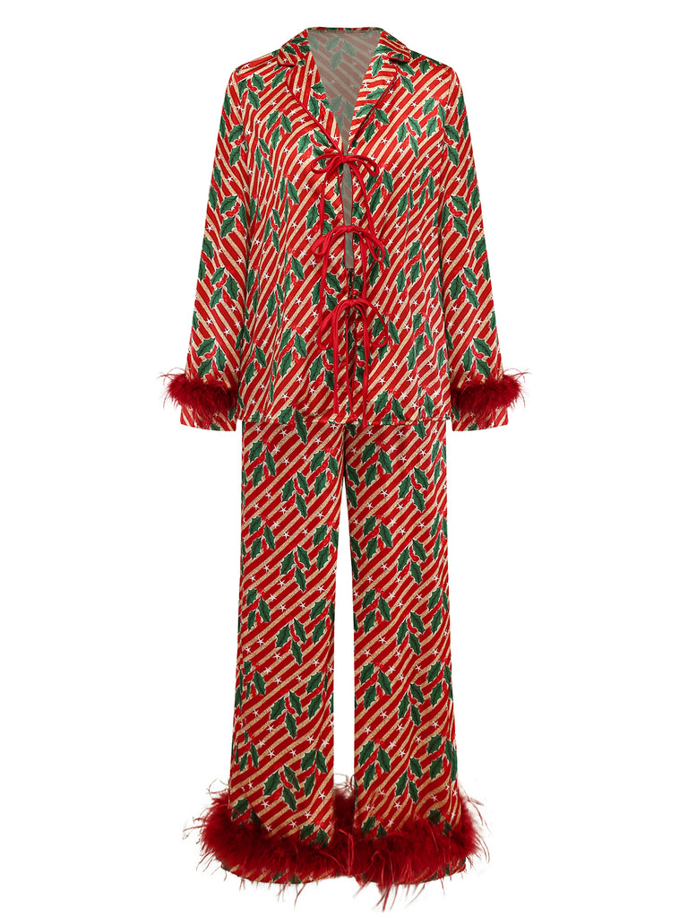 Red 1950s Holly & Candy Cane Stripes Feather Pajama Set - vintage fashion, retro style, elegant red