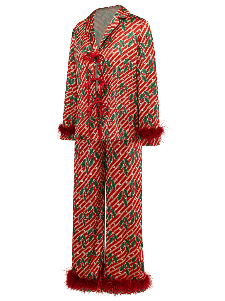 Red 1950s Holly & Candy Cane Stripes Feather Pajama Set - vintage fashion, retro style, elegant red