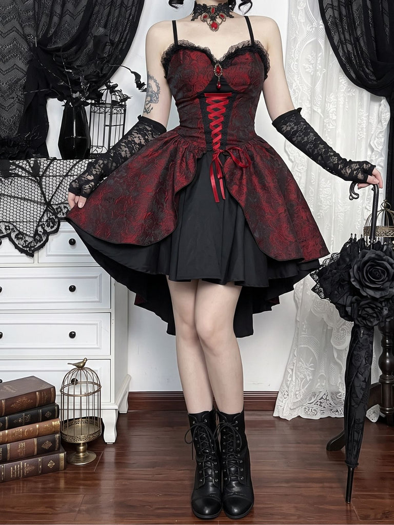 1950s Red Rose Jacquard Lace-Up Dress - 11