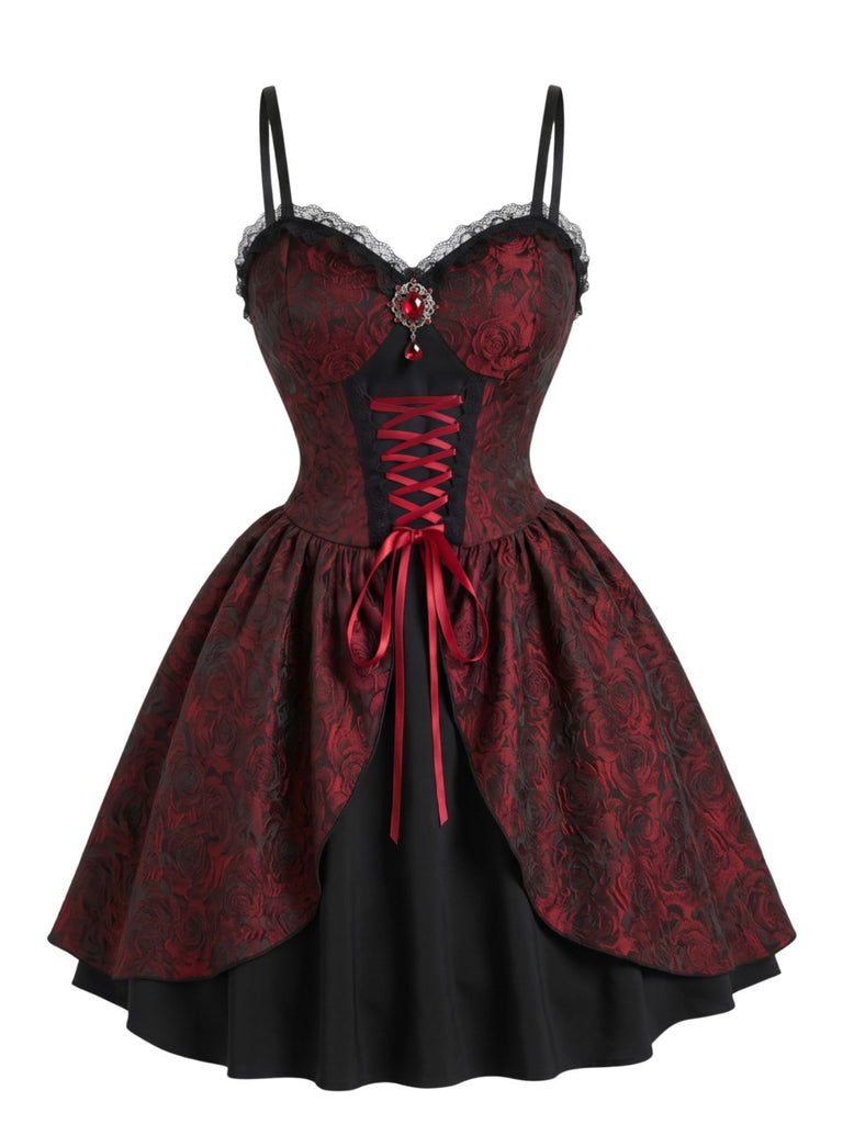 1950s Red Rose Jacquard Lace-Up Dress - 1