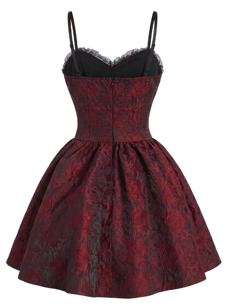 1950s Red Rose Jacquard Lace-Up Dress - 2