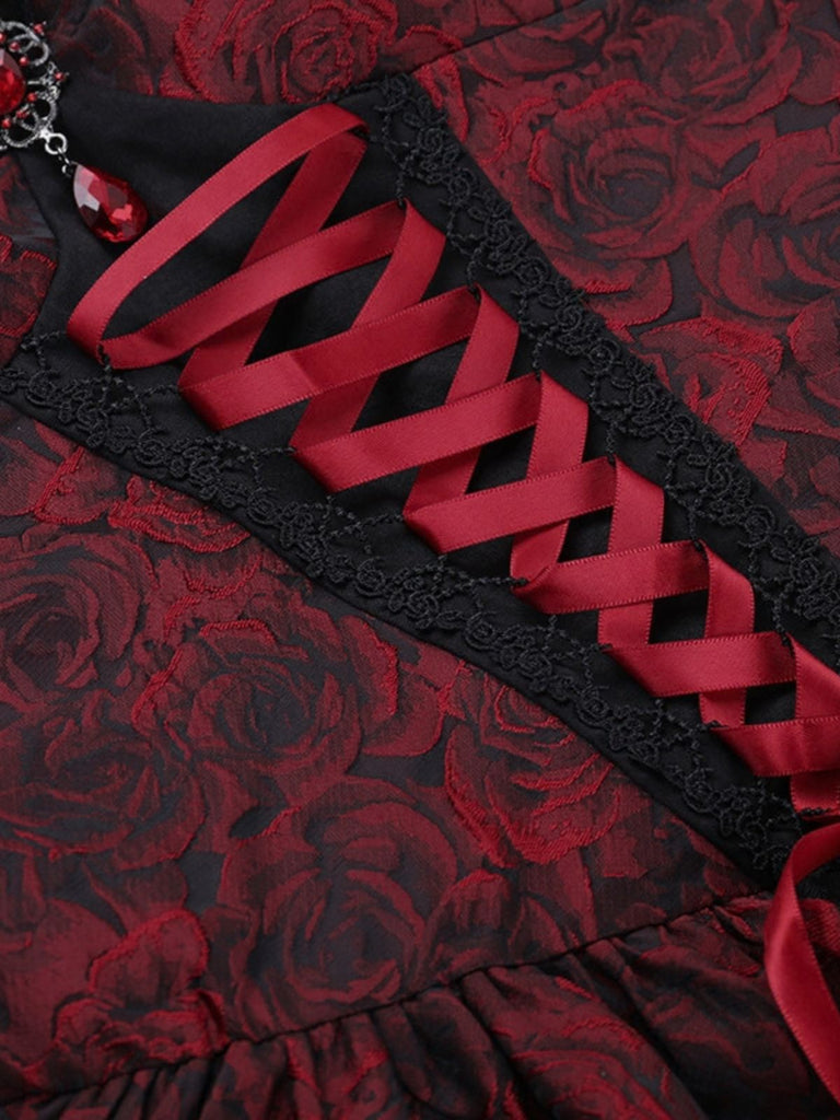 1950s Red Rose Jacquard Lace-Up Dress - 4