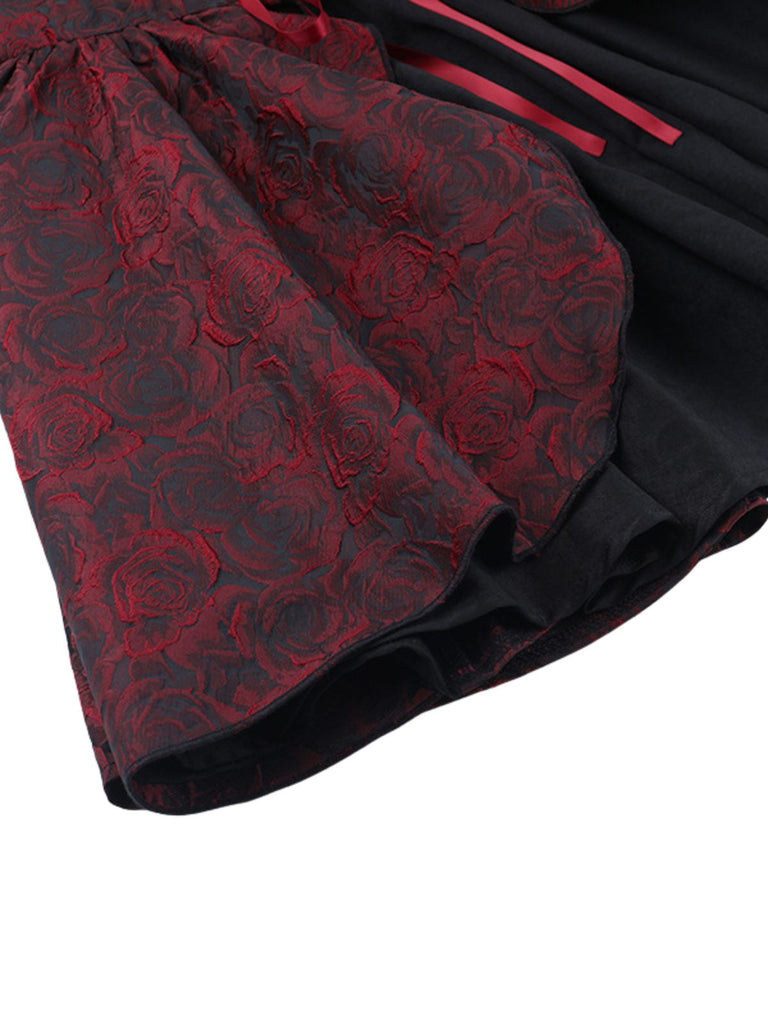 1950s Red Rose Jacquard Lace-Up Dress - 5