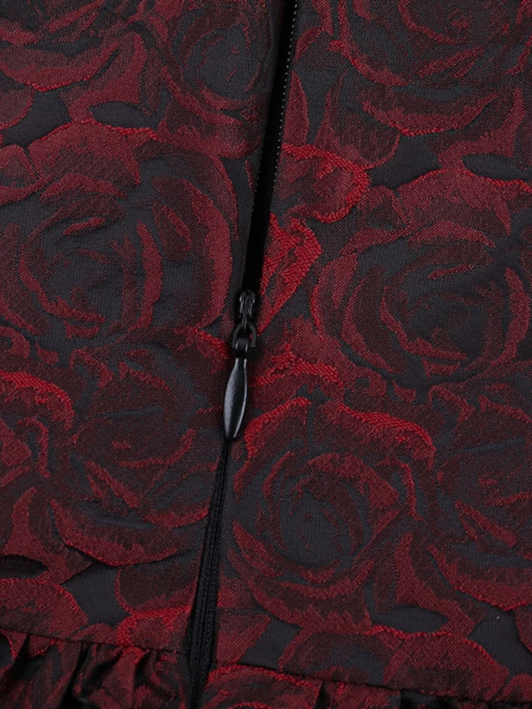 1950s Red Rose Jacquard Lace-Up Dress - 6