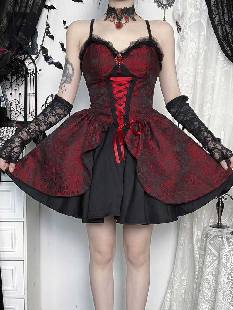 1950s Red Rose Jacquard Lace-Up Dress - 7