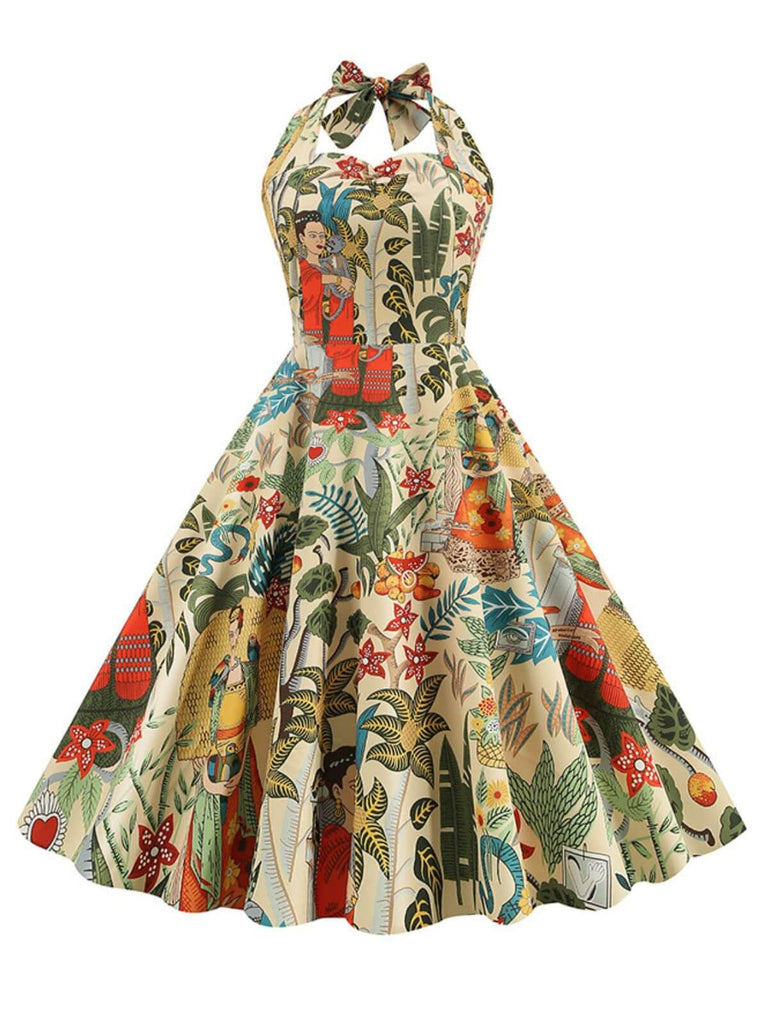 1950s Retro Pictorial Halter Swing Dress — the kind of 1950s dress that makes strangers smile