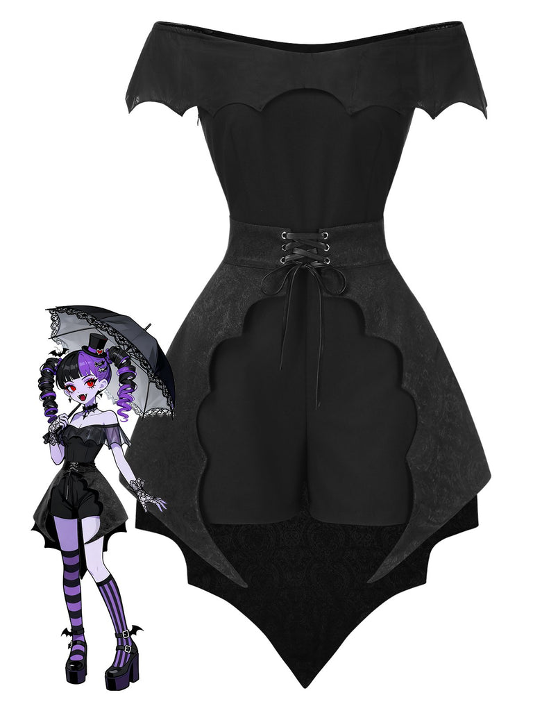 2PCS Black 1950s Gothic Bat Romper & High-Low Cover-Up - vintage jumpsuit, retro fashion, classic black