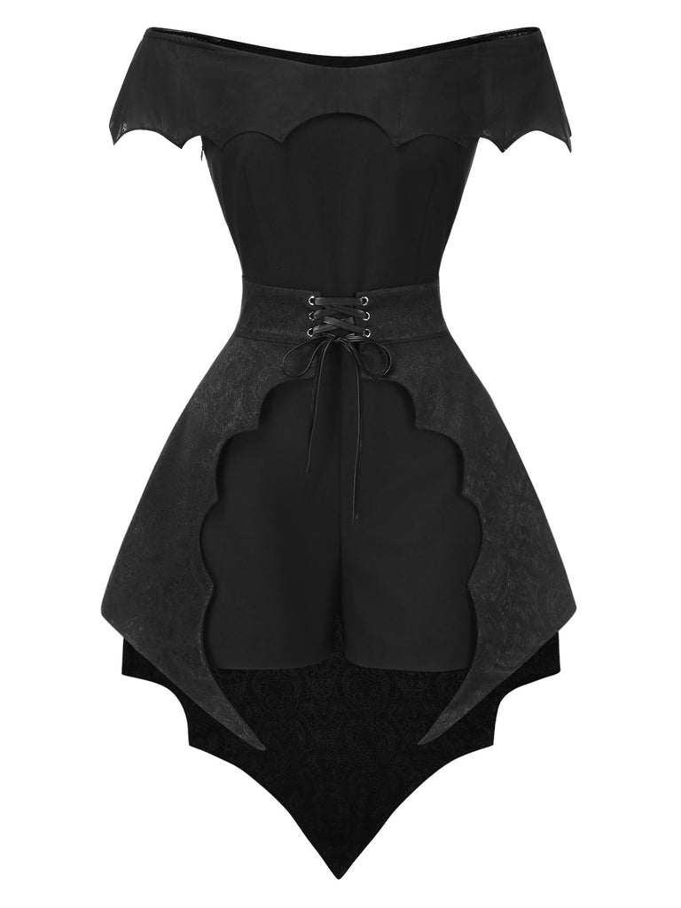 2PCS Black 1950s Gothic Bat Romper & High-Low Cover-Up - vintage jumpsuit, retro fashion, classic black