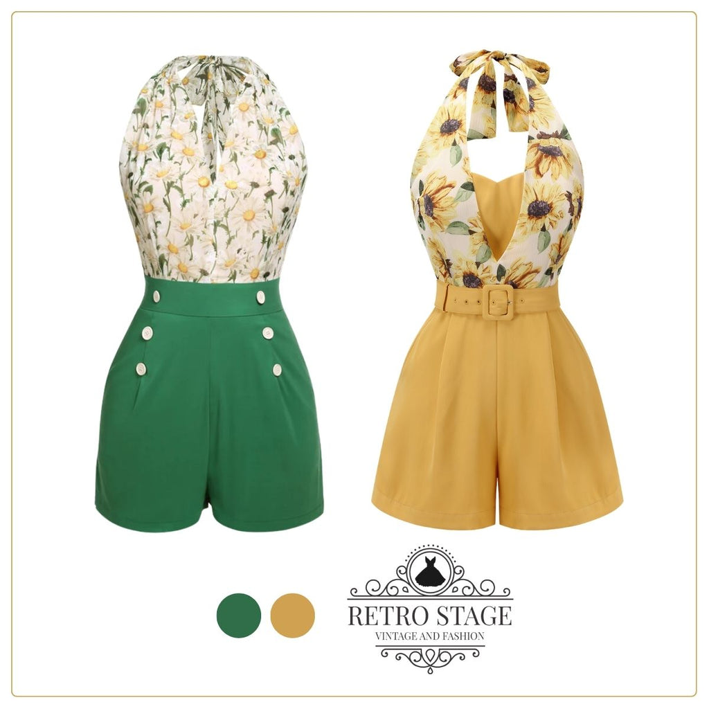 2PCS 1950s Yellow Sunflower & Green Floral Halter Romper - vintage jumpsuit, retro fashion