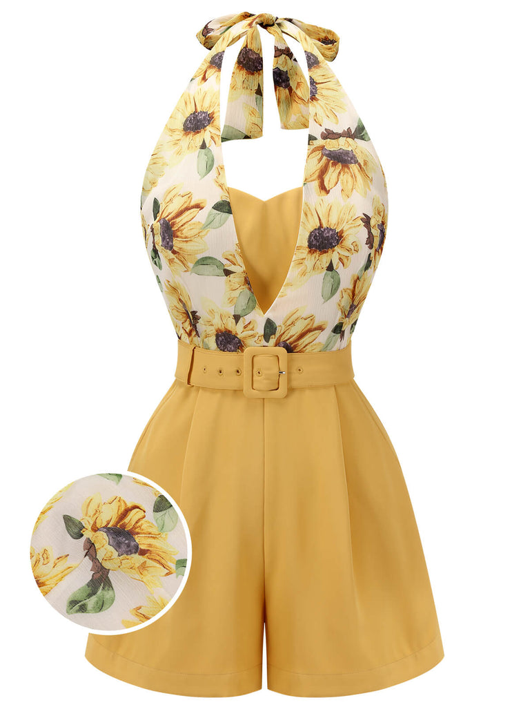 2PCS 1950s Yellow Sunflower & Green Floral Halter Romper - vintage jumpsuit, retro fashion