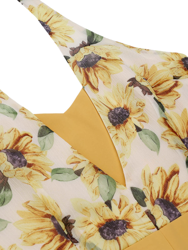 2PCS 1950s Yellow Sunflower & Green Floral Halter Romper - vintage jumpsuit, retro fashion