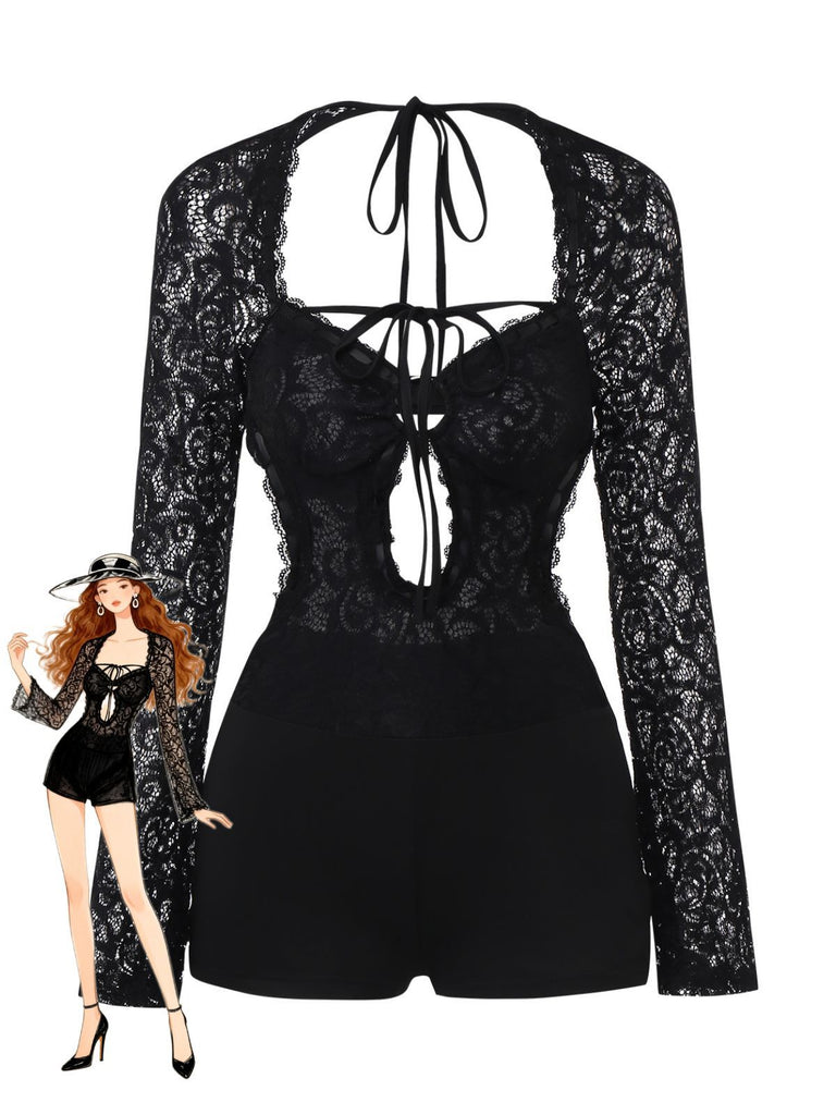 Black 1950s Lace Long Sleeve Cutout Bodysuit Romper - vintage jumpsuit, retro fashion, classic black