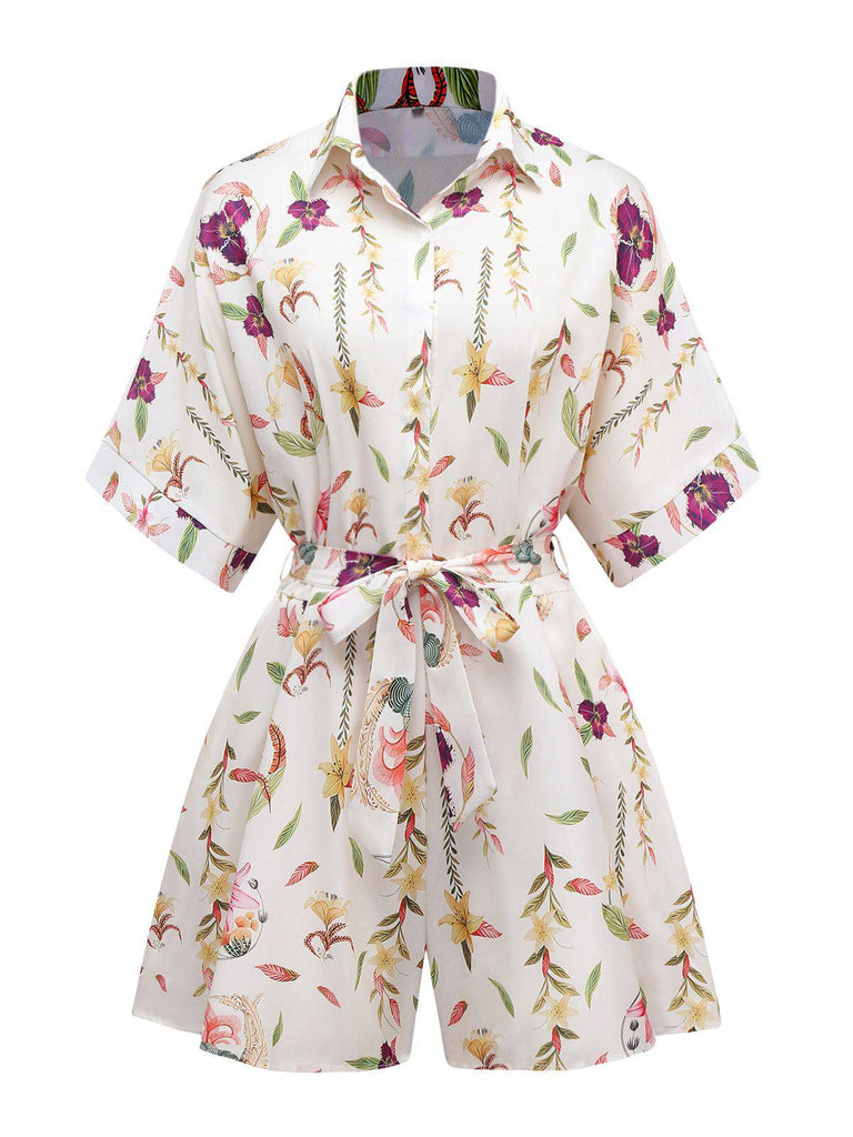 Multicolor 1950s Floral Lapel Batwing Sleeve Romper - vintage jumpsuit, retro fashion
