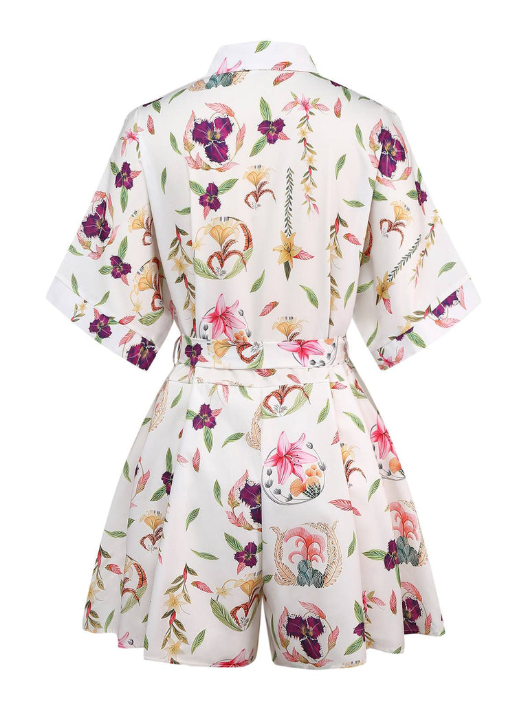 Multicolor 1950s Floral Lapel Batwing Sleeve Romper - vintage jumpsuit, retro fashion