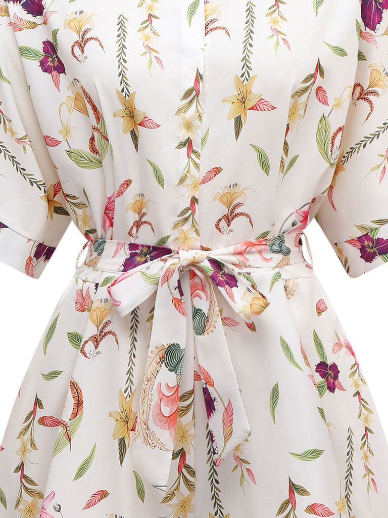 Multicolor 1950s Floral Lapel Batwing Sleeve Romper - vintage jumpsuit, retro fashion