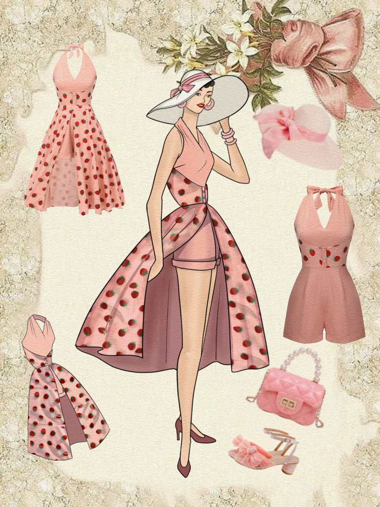 2PCS Pink 1950s Halter Strawberry Romper & Umbrella Skirt - vintage skirt, retro style