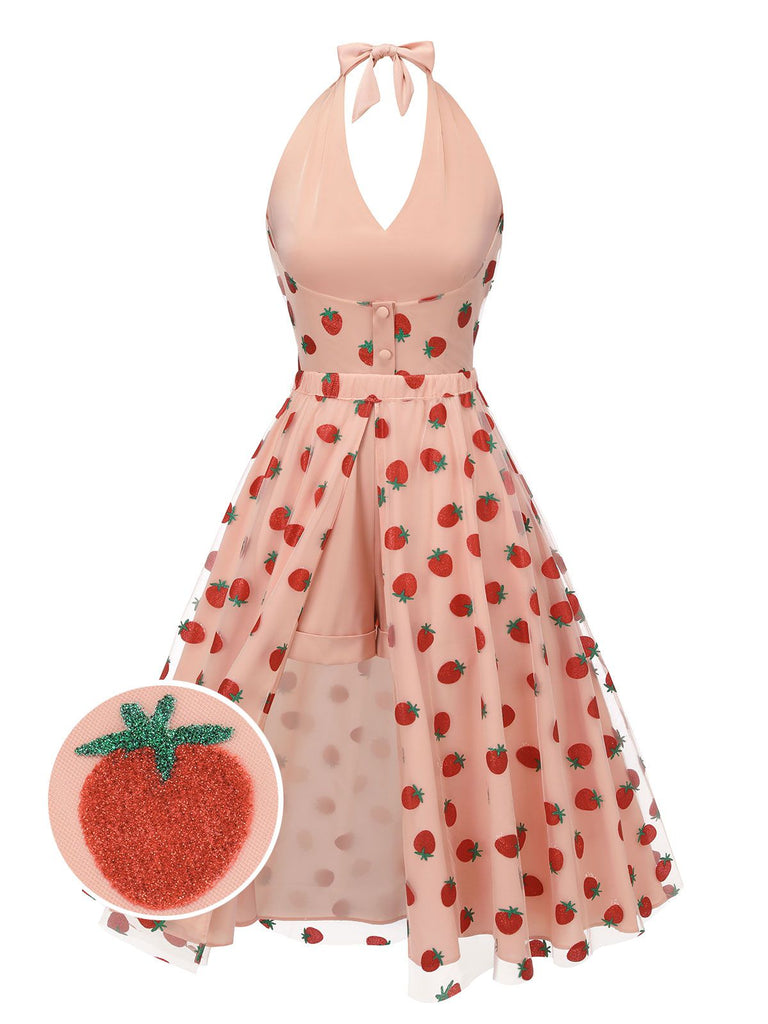 2PCS Pink 1950s Halter Strawberry Romper & Umbrella Skirt - vintage skirt, retro style