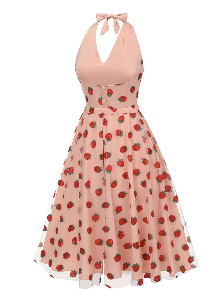 2PCS Pink 1950s Halter Strawberry Romper & Umbrella Skirt - vintage skirt, retro style