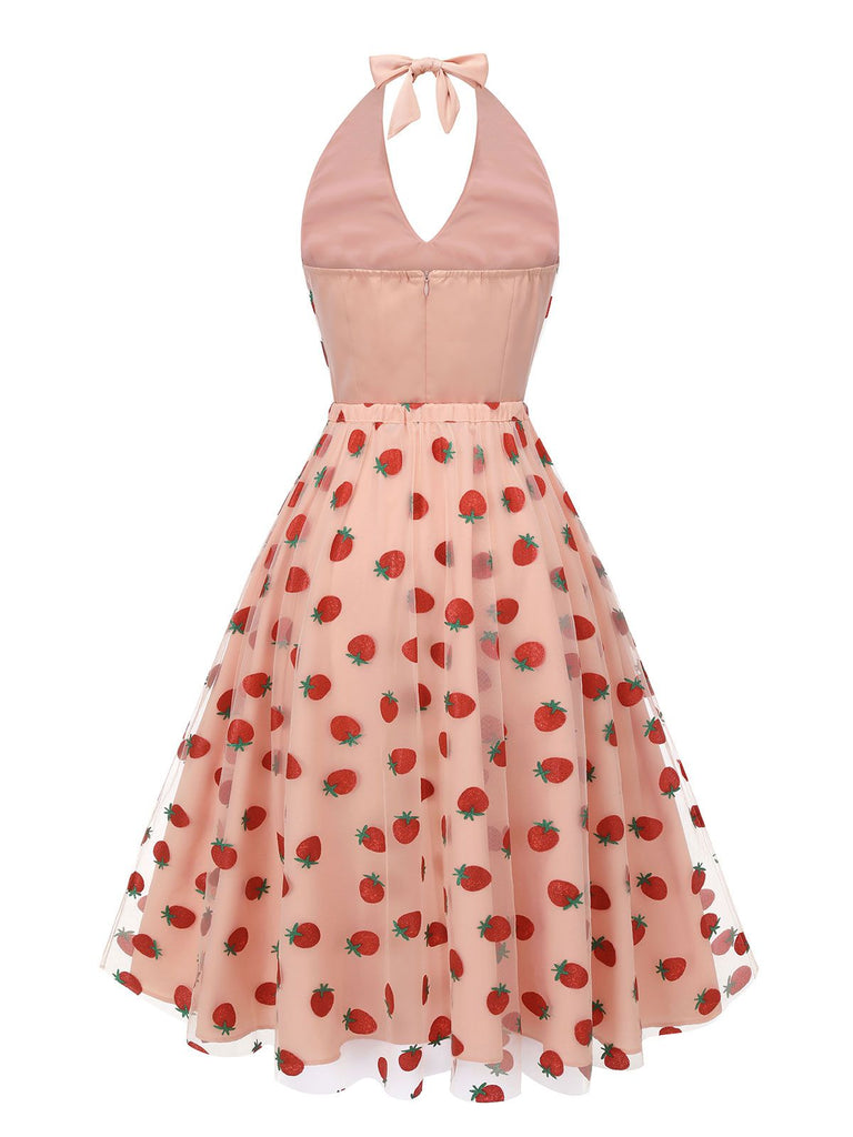 2PCS Pink 1950s Halter Strawberry Romper & Umbrella Skirt - vintage skirt, retro style