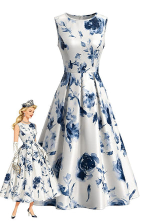 1950s Round Neck Roses Sleeveless Midi Dress, vintage dress, retro fashion, rockabilly, pin-up fashion - perfect for women who love vintage and retro fashion