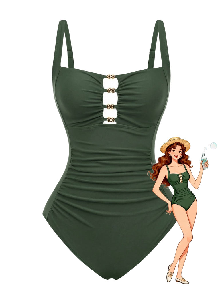 1950s Ruched Cutout Tummy Control One-Piece Swimsuit - vintage swimwear, retro swimsuit, pin-up style for vintage lovers