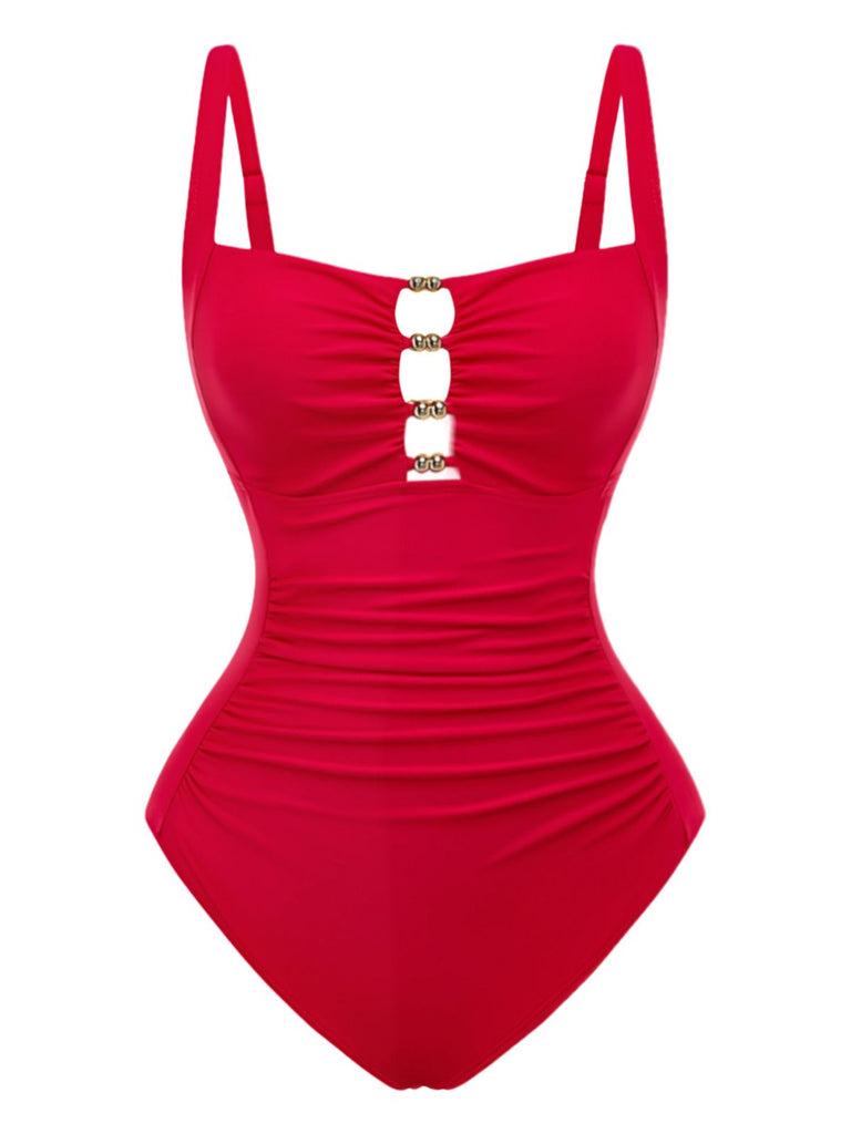 1950s Ruched Cutout Tummy Control One-Piece Swimsuit - vintage swimwear, retro swimsuit, pin-up style for vintage lovers