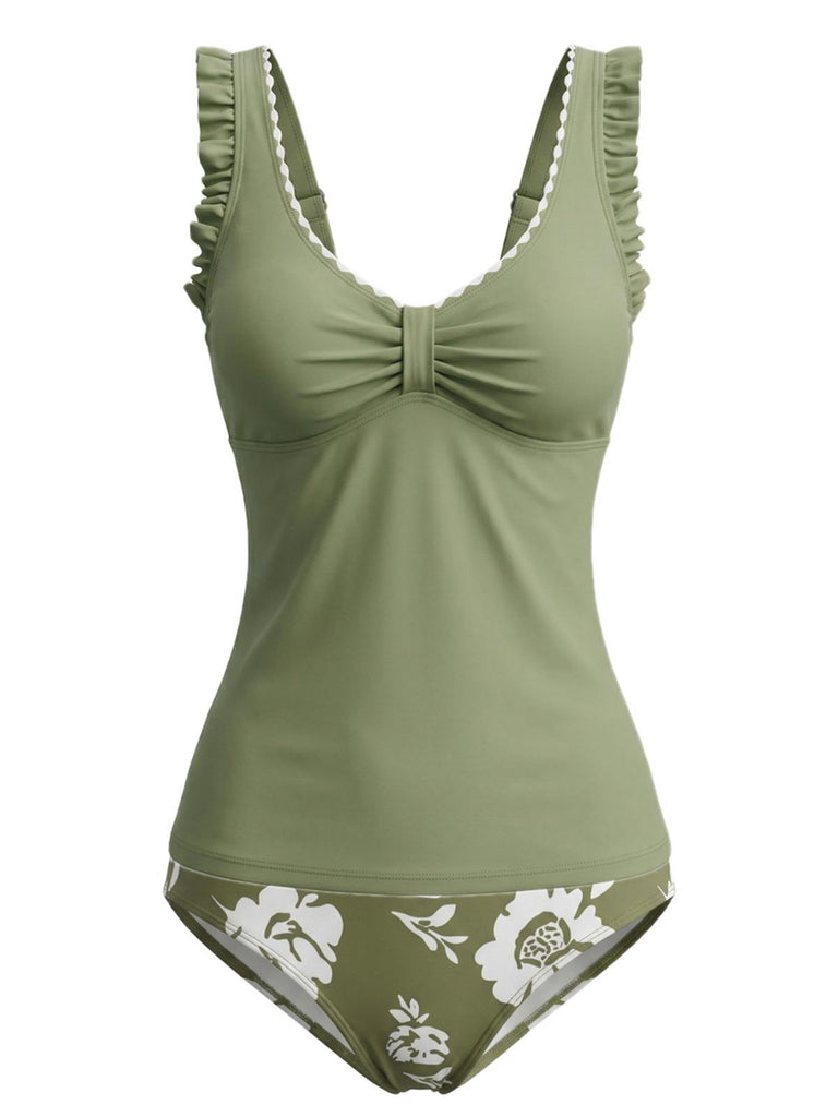 1950s Ruffle Strap Twist Front Floral Tankini Set, vintage fashion, retro style - perfect for women who love vintage and retro fashion
