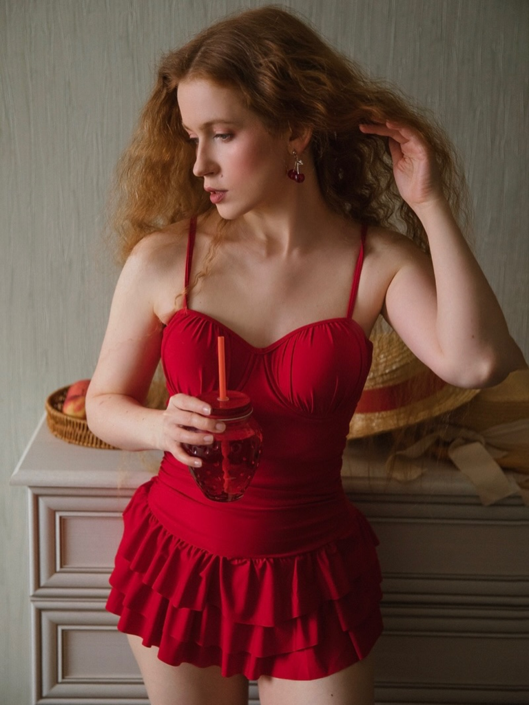 Red 1950s Ruffled Ruched Tiered One-Piece Swimsuit, vintage swimsuit, pin-up swimwear - perfect for women who love vintage and retro fashion