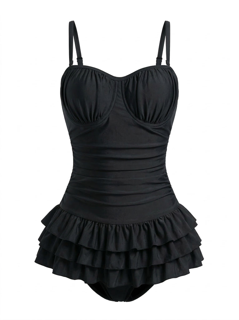 1950s Ruffled Ruched Tiered One-Piece Swimsuit - vintage swimwear, retro beach style for women