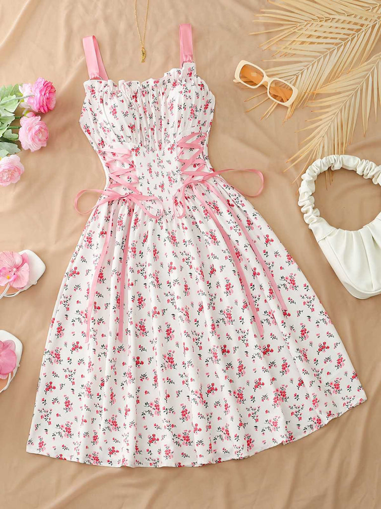 1950s Ruffled Square Neck Sleeveless Floral Print Swing Dress
