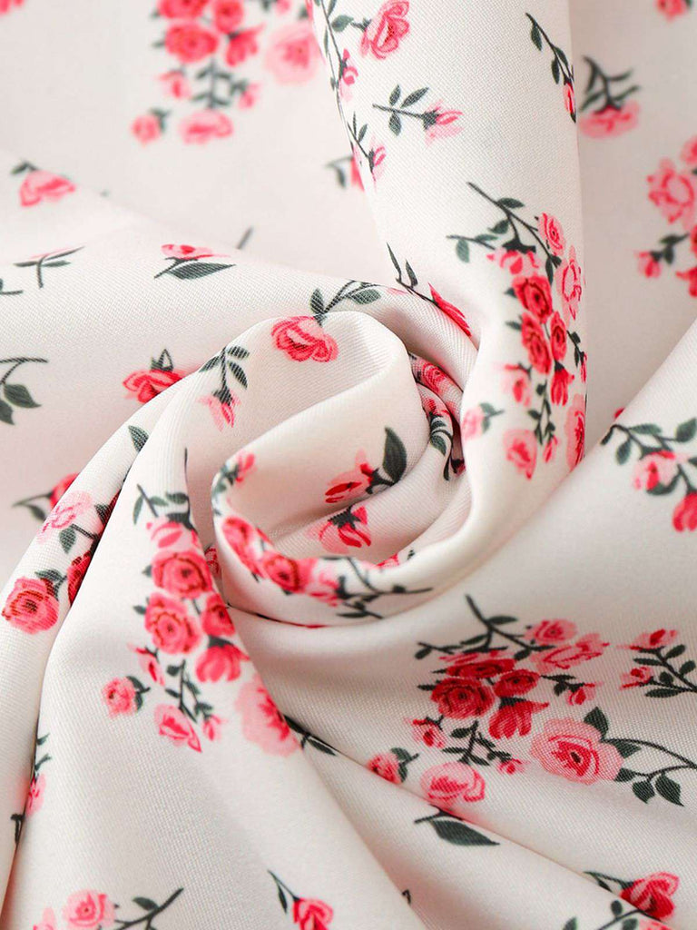 1950s Ruffled Square Neck Sleeveless Floral Print Swing Dress