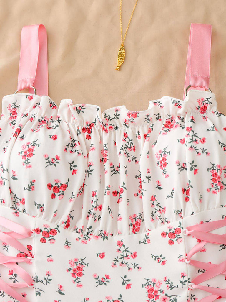 1950s Ruffled Square Neck Sleeveless Floral Print Swing Dress