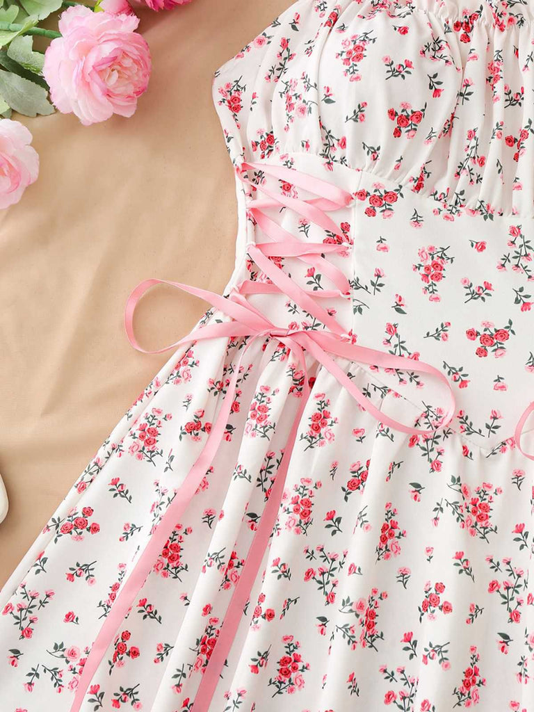 1950s Ruffled Square Neck Sleeveless Floral Print Swing Dress