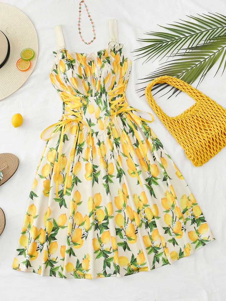 1950s Ruffled Square Neck Sleeveless Floral Print Swing Dress