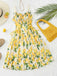 1950s Ruffled Square Neck Sleeveless Floral Print Swing Dress