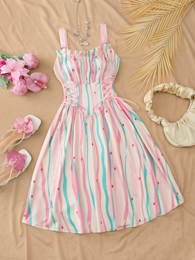 1950s Ruffled Square Neck Sleeveless Floral Print Swing Dress, vintage dress, retro fashion, rockabilly, pin-up fashion - perfect for women who love vintage and retro fashion
