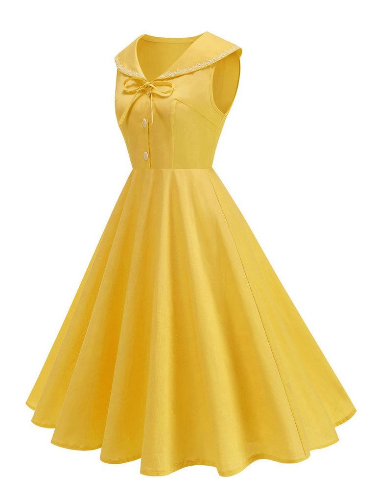 1950s Sailor Collar Bow-Tie Solid Sleeveless Dress - vintage dress, retro fashion, rockabilly