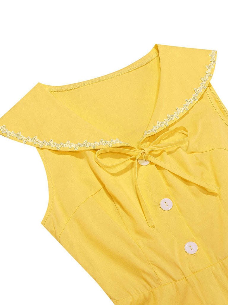 1950s Sailor Collar Bow-Tie Solid Sleeveless Dress - vintage dress, retro fashion, rockabilly