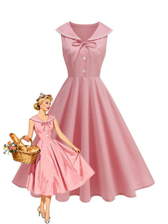 1950s Sailor Collar Bow-Tie Solid Sleeveless Dress - vintage dress, retro fashion, rockabilly