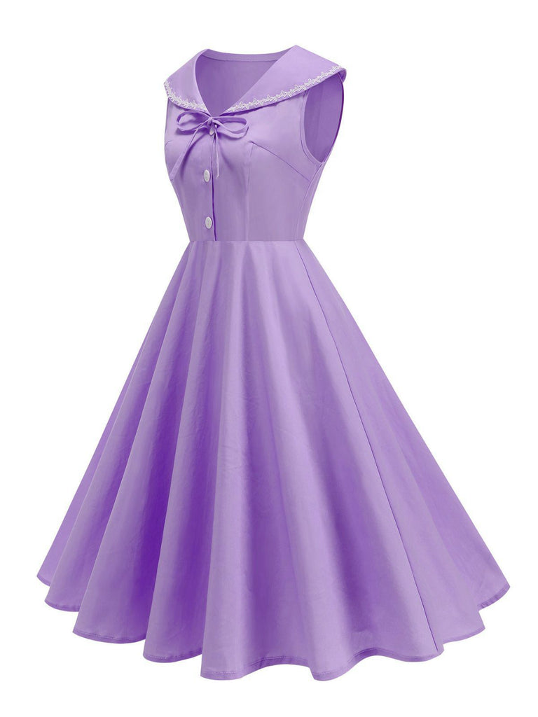 1950s Sailor Collar Bow-Tie Solid Sleeveless Dress - vintage dress, retro fashion, rockabilly